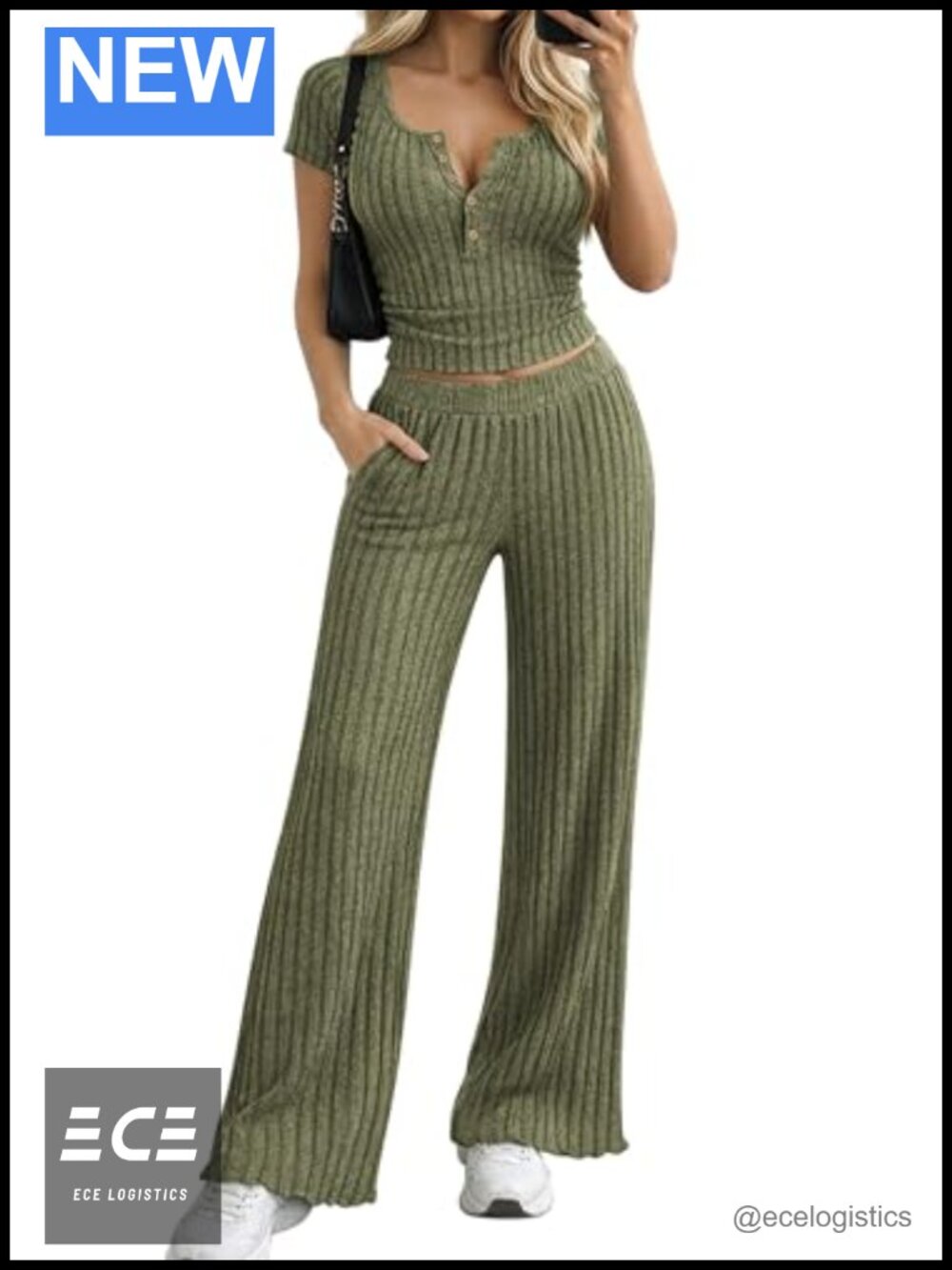 Women 2 Piece Lounge Set Henley Crop Top Wide Leg Pants Travel